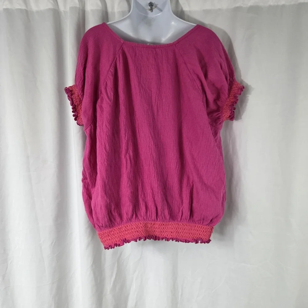 Old Navy Blouse Girls 8 Pink Embroidered Scoop Neck Elastic Hem Short Sleeve Top